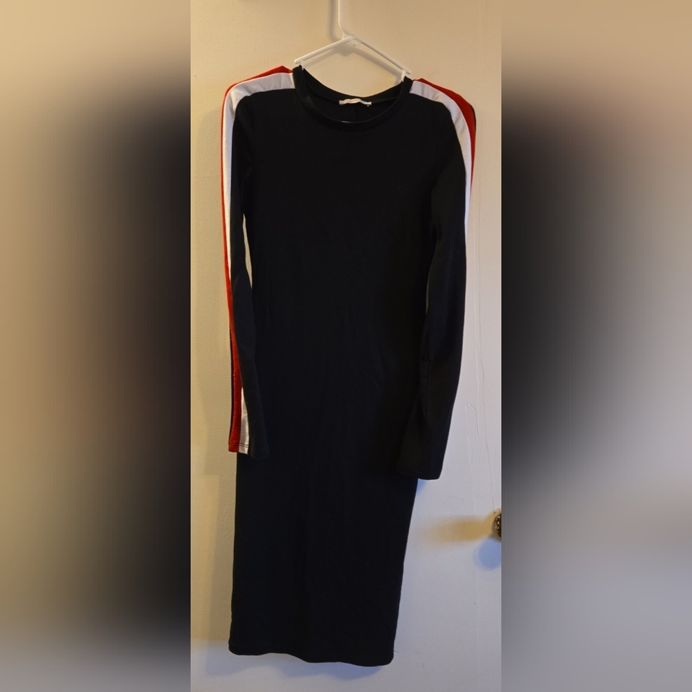 Zara Black Long-Sleeve Midi Dress with Red and White Shoulder Stripes